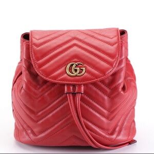 Gucci GG Marmont Chevron Red Leather Backpack Bag Purse
